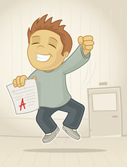 Young male student celebrating his A grade in school vector illustration