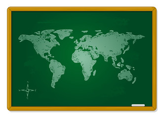 Blackboard with world map drawn vector illustration