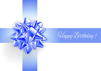 Template greeting card with realistic blue bow.