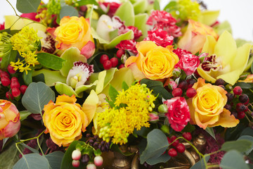beautiful bouquet of red, yellow, white flowers close-up