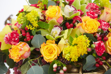 beautiful bouquet of red, yellow, white flowers close-up