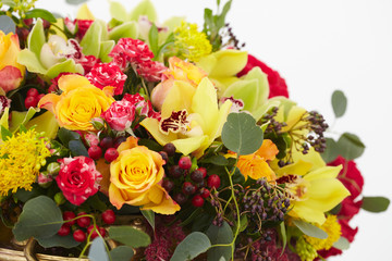 beautiful bouquet of red, yellow, white flowers close-up