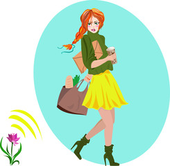 red-haired girl with coffee is walking past the flower, bag of groceries