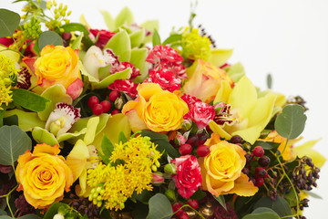 beautiful bouquet of red, yellow, white flowers close-up