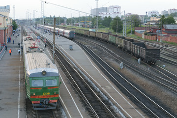 Railway station. Trains, platform, wagons, people. An empty frei