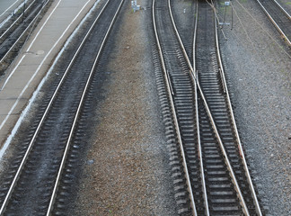 Fototapeta na wymiar Rail fork in the railway station. View from above.