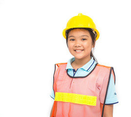 Young lady with safety helmet and reflection suit  on white back ground