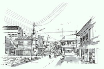 Fototapeta na wymiar city street digital sketch.Illustration