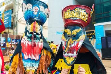 Fototapeta premium LOEI PROVINCE, THAILAND-JUNE 27: Ghost Festival (Phi Ta Khon) Ghost masked celebrated on religious tradition of Boon Pra Wate at Dan Sai district, Loei, June 27,2015.