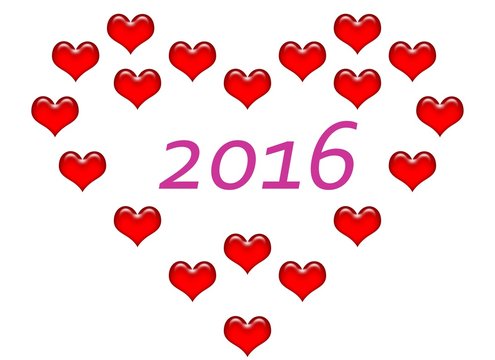 2016,nouvel an en coeurs rouges,fond blanc