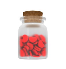 Isolated closeup of medicine frosted glass bottle filled with different heart shaped love pills and medications with cork cap on over a white background with reflection