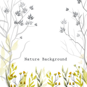Vector watercolor natural background with leaves, grass, flowers and trees on white background. © alenast