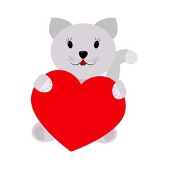 Cat holding a heart on a white background