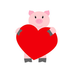 Pig holding a heart on a white background