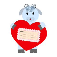 Sheep holding a heart on a white background
