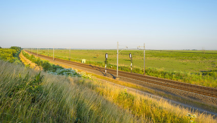 Fototapeta na wymiar Railroad through a sunny landscape in summer