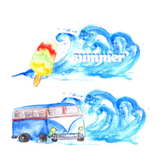 Vector watercolor summer surfing banners set with bus and wave on white background. EPS10