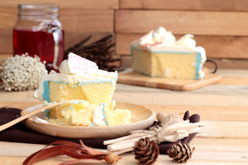 White cream cake delicious and drink red water mix soda