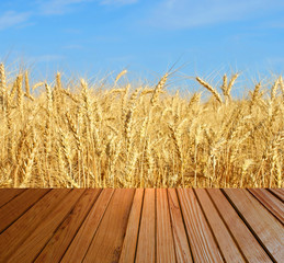 Brown timber surfase against wheat ears and blue sky