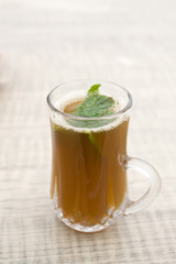 Genuine Berber tea with sugar and mint leaves. Mahdia, Tunisiya