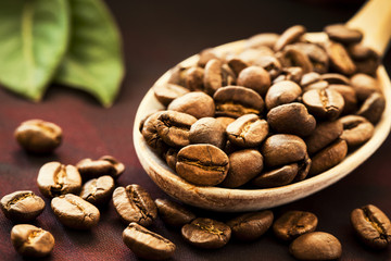 Coffee beans in wooden spoon