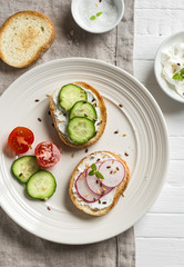 healthy snack - sandwiches with cream cheese, cucumber and radishes on light plate