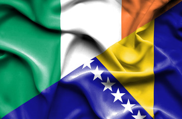 Waving flag of Bosnia and Herzegovina and Ireland