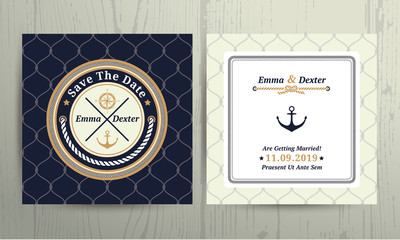 Nautical rope wedding save the date card on fishnet background