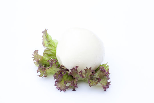 Mozzarella and red lettuce, clipping path included, selective focus, white background