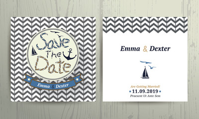 Nautical wedding save the date rope letter card on chevron pattern background