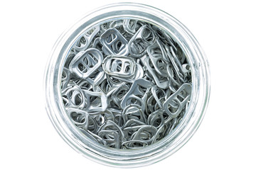 Ring pull aluminum of cans in bowl on white background