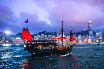 HONG KONG - JUNE 09, 2015: A Chinese traditional junk boa sailin
