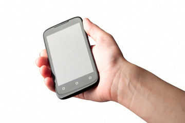 Woman holding smartphone on the white background