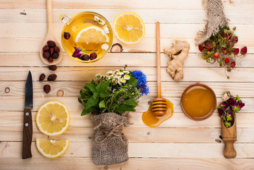 Set for herbal tea. Detox background.
