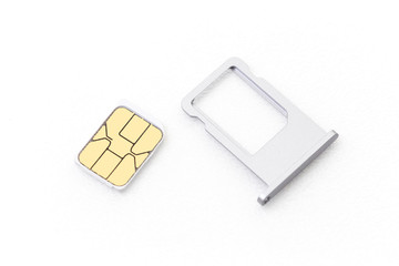 nano sim card with tray for cellphone on white background