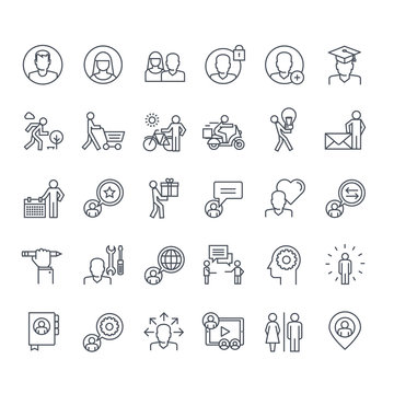 Thin line icons set. Icons for social media, marketing, online shopping, communication, social network, education, events, contact, service.