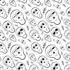 Seamless pattern black and white skulls with herbs