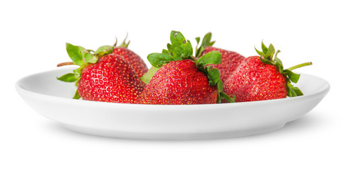 Several pieces of strawberry on white plate