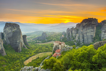 Meteora monasteries at sunset, Greece