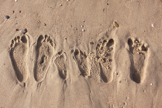 Family Footprints On The Sand Beach In Side, Turkey