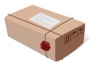 Box post package with a wax seal and icons