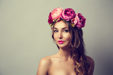 Woman with Wreath of Pink Flowers - 86297660