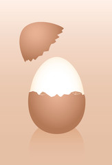 Breakfast egg with cracked half peeled brown shell and hard boiled egg white. Three-dimensional isolated vector illustration on gradient brown background.