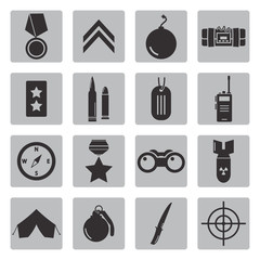 Vector black military icons set on grey background