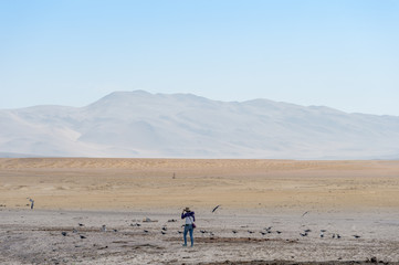 Fototapeta na wymiar Lonely traveller in desert view of the Paracus National Reserve,