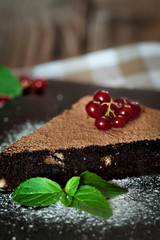 Chocolate brownie with mint and currant
