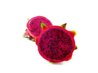 red dragon fruit cut in half on white background