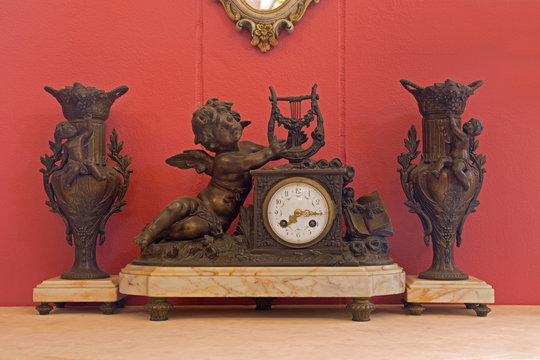 Old Clock Vintage Antique With Red Wallpaper