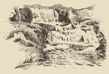 Waterfall landscape vintage engraving illustration
