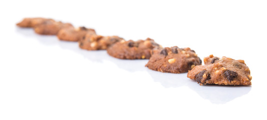 Homemade chocolate chip cookies over white background